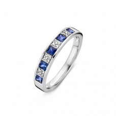 14 KRT WIT GOUDEN RING MET BL SAFFIER EN 0.08 CRT BRILJANT