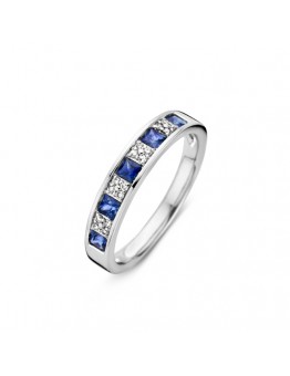 14 KRT WIT GOUDEN RING MET BL SAFFIER EN 0.08 CRT BRILJANT