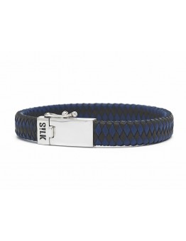 LEDEREN SILK ARMBAND BLAUW/ZWART MET ZILVEREN SLOT